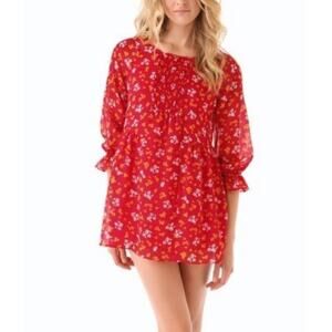 Free People red floral smocked mini dress size 8